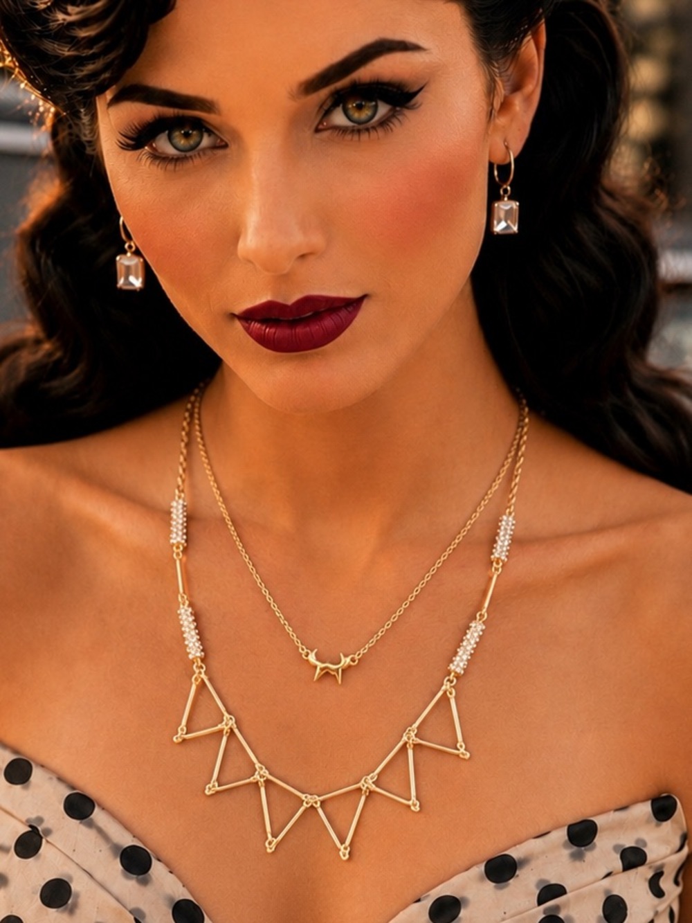 Gold Tone Cat Fox Pendant Necklace & Geometric Crystal Statement Necklace |Set 2